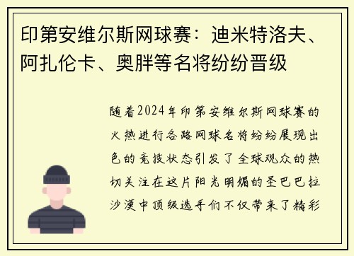 印第安维尔斯网球赛：迪米特洛夫、阿扎伦卡、奥胖等名将纷纷晋级