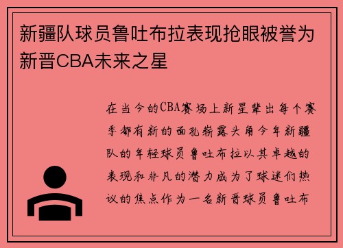 新疆队球员鲁吐布拉表现抢眼被誉为新晋CBA未来之星