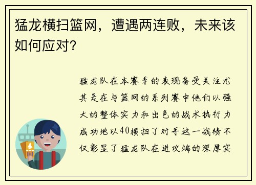 猛龙横扫篮网，遭遇两连败，未来该如何应对？