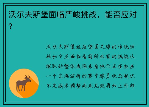 沃尔夫斯堡面临严峻挑战，能否应对？